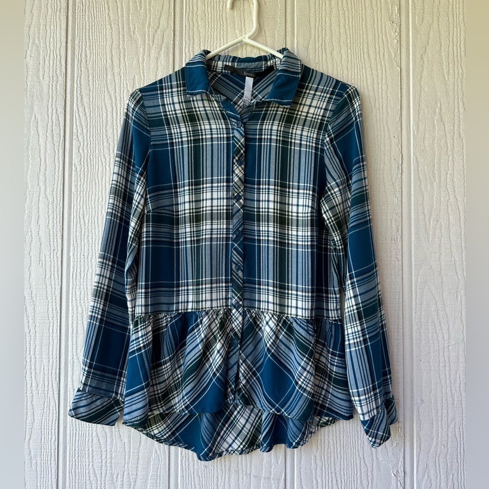 Kensie Plaid Peplum Button Down Shirt